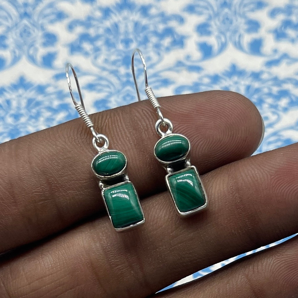 Natural Malachite Dangle Earrings with 925 Sterling Silver- Natural Gemstone