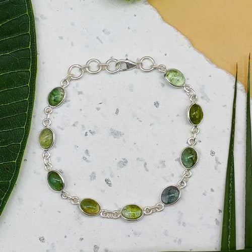 925 Silver Bezel Work Oval Green Tourmaline Gemstone Bracelet