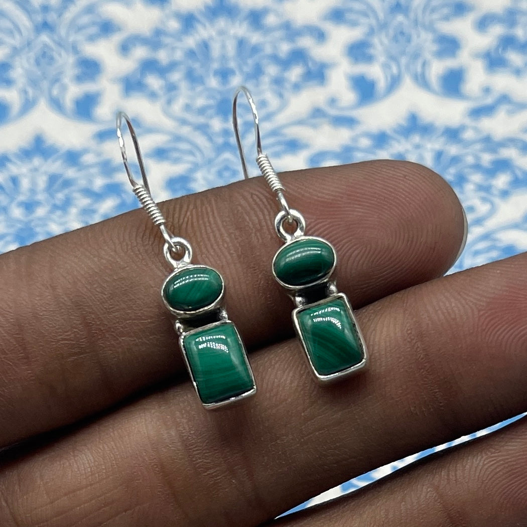 Natural Malachite Dangle Earrings with 925 Sterling Silver- Natural Gemstone