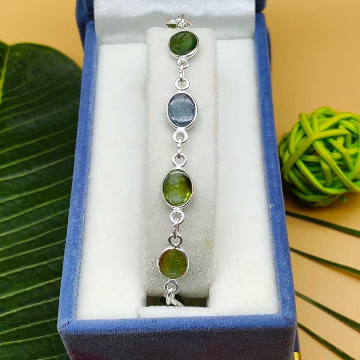 925 Silver Bezel Work Oval Green Tourmaline Gemstone Bracelet