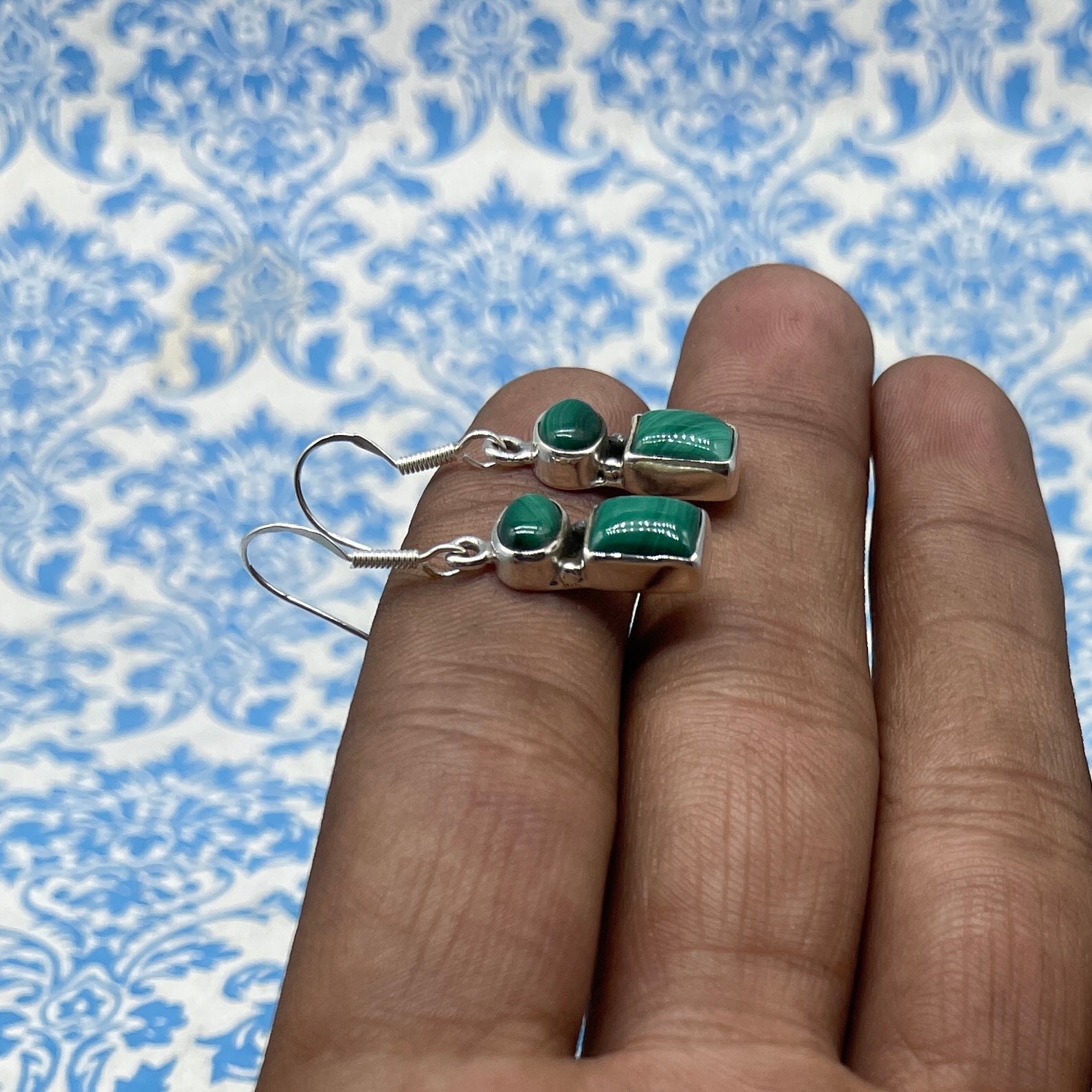 Natural Malachite Dangle Earrings with 925 Sterling Silver- Natural Gemstone