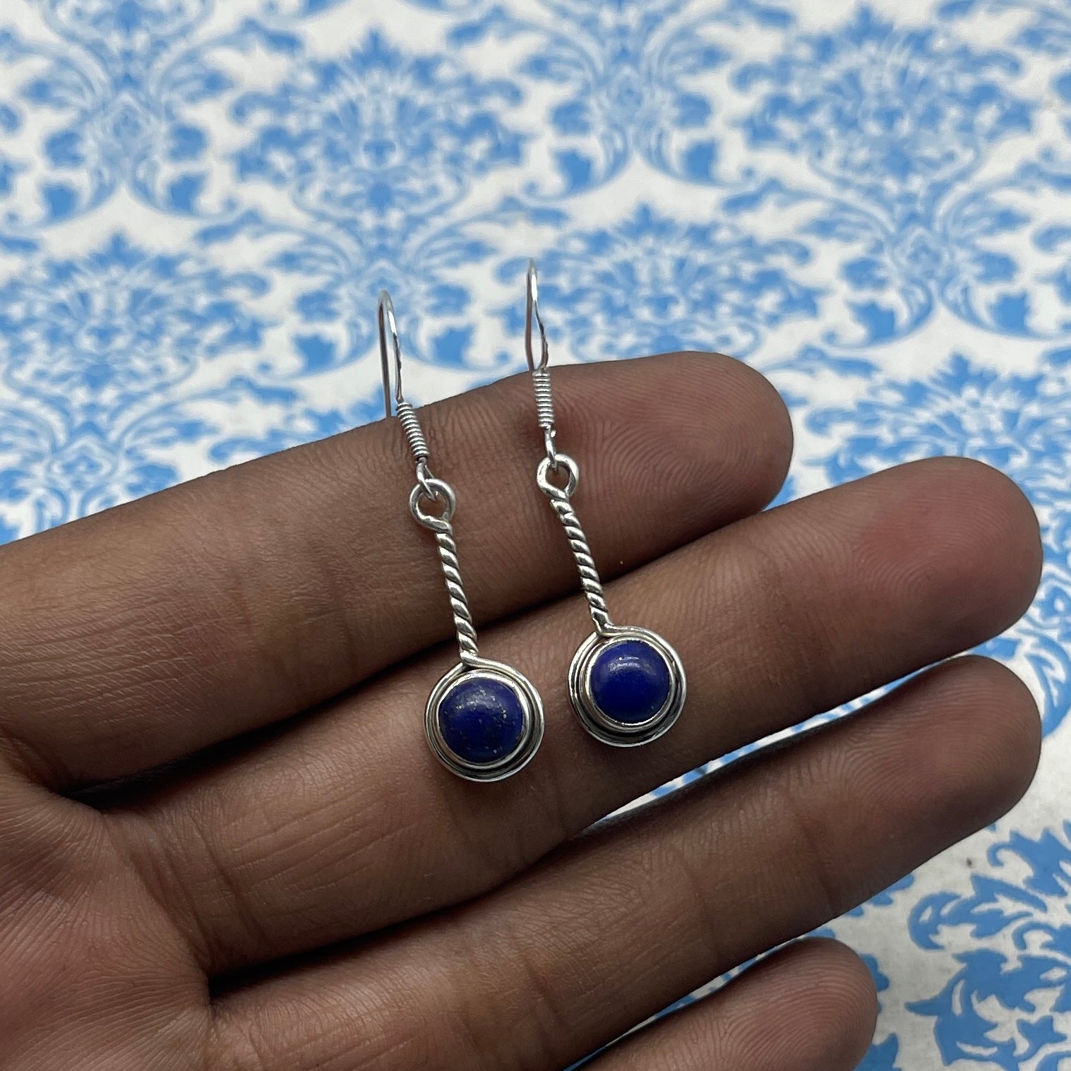 Handcrafted Lapis Lazuli Earrings – 925 Sterling Silver Round Shape Gemstone