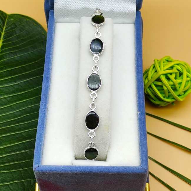 Handmade 925 Sterling Silver Black Onyx Oval Cabochon Bracelet