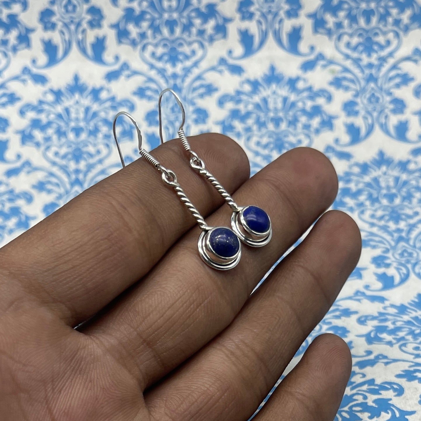 Handcrafted Lapis Lazuli Earrings – 925 Sterling Silver Round Shape Gemstone