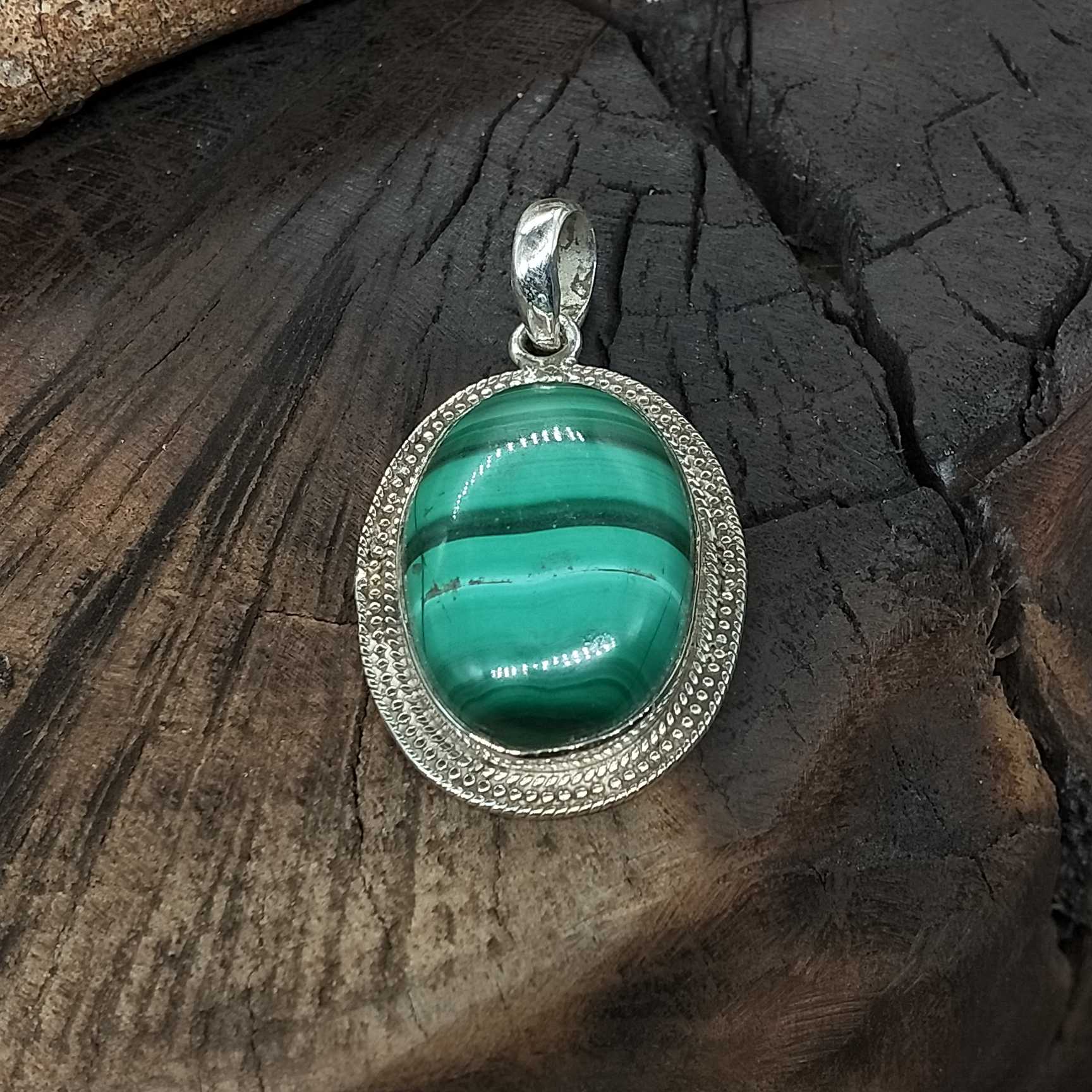 925 Silver Natural Malachite Cabochon Handcrafted Pendant