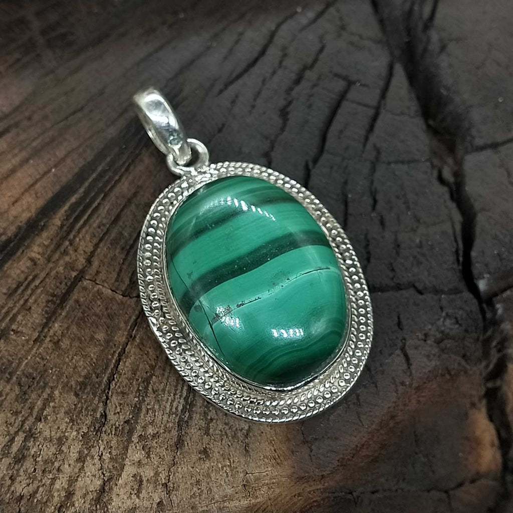 925 Silver Natural Malachite Cabochon Handcrafted Pendant