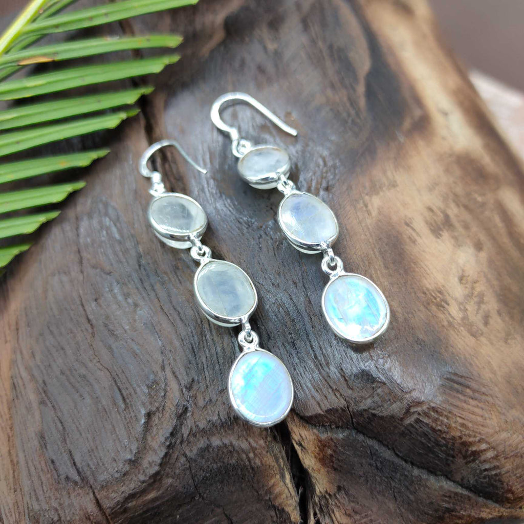 Rainbow Moonstone Dangle Earring in 925 Silver