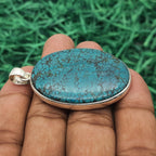 Tibetan Firoza Pendant in 925 Sterling Silver – Natural Turquoise Gemstone Bezel Set Spiritual Jewelry