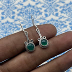 925 Sterling Silver Green Onyx  Dangle Earrings Handmade Round Shape Gemstone