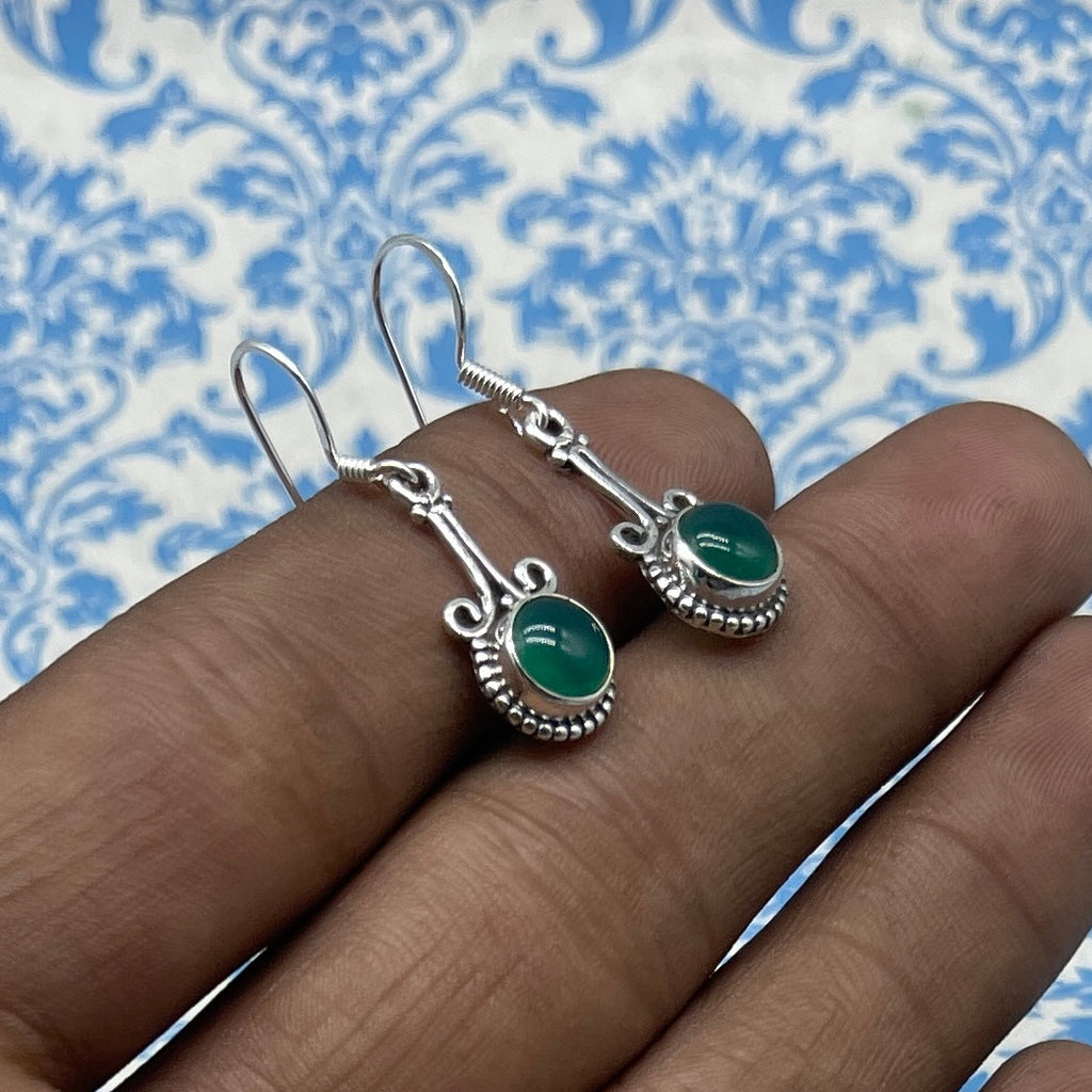 925 Sterling Silver Green Onyx  Dangle Earrings Handmade Round Shape Gemstone