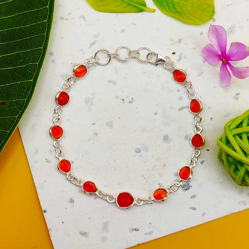 925 Silver Bezel Work Round Cranelian Gemstone Bracelet