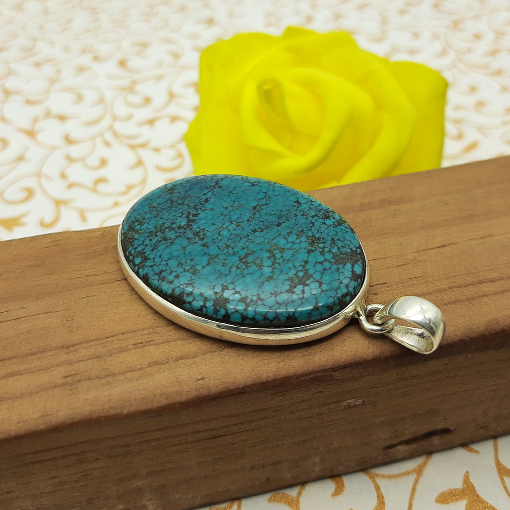 Tibetan Firoza Pendant in 925 Sterling Silver – Natural Turquoise Gemstone Bezel Set Spiritual Jewelry