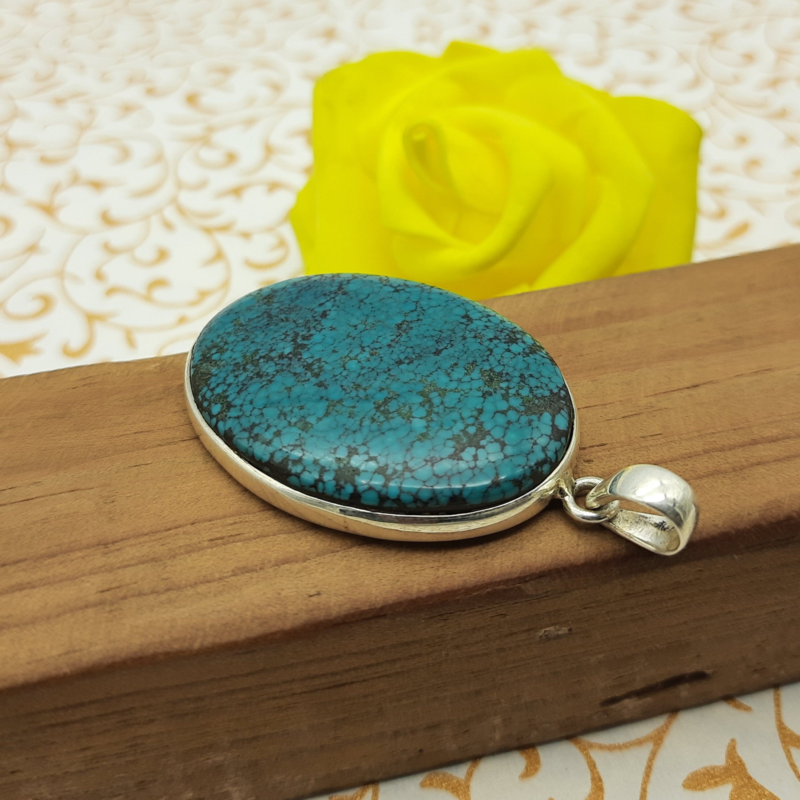 Tibetan Firoza Pendant in 925 Sterling Silver – Natural Turquoise Gemstone Bezel Set Spiritual Jewelry
