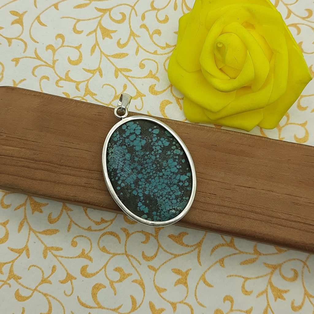Tibetan Firoza Pendant in 925 Sterling Silver – Natural Turquoise Gemstone Bezel Set Spiritual Jewelry