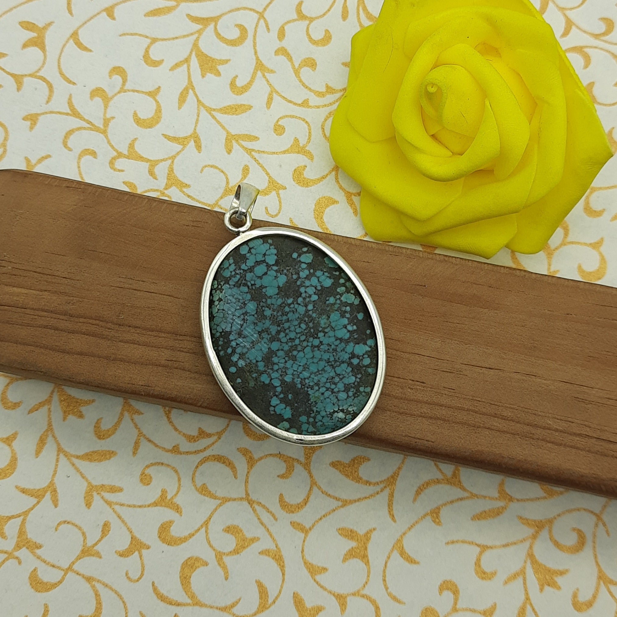 Tibetan Firoza Pendant in 925 Sterling Silver – Natural Turquoise Gemstone Bezel Set Spiritual Jewelry