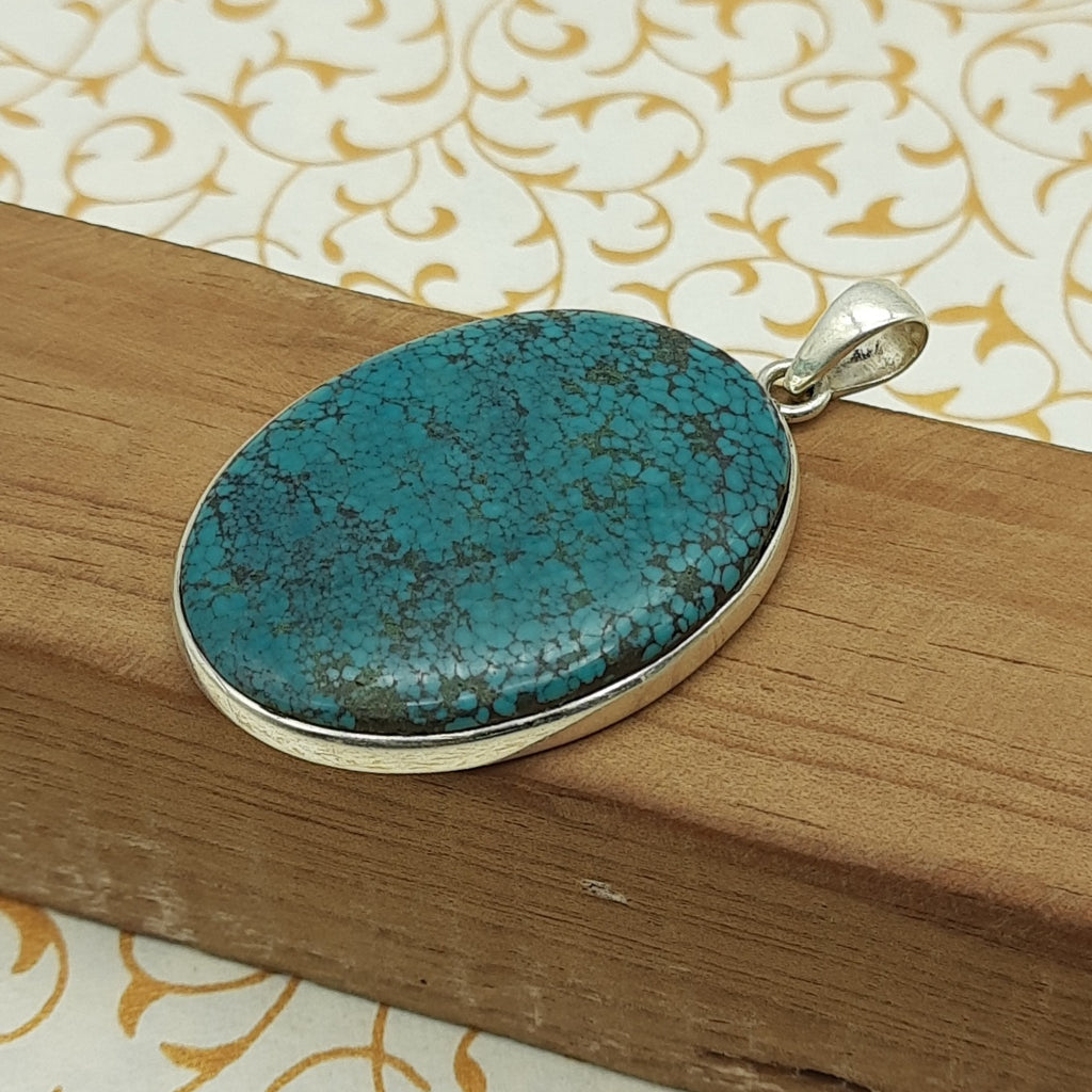 Tibetan Firoza Pendant in 925 Sterling Silver – Natural Turquoise Gemstone Bezel Set Spiritual Jewelry