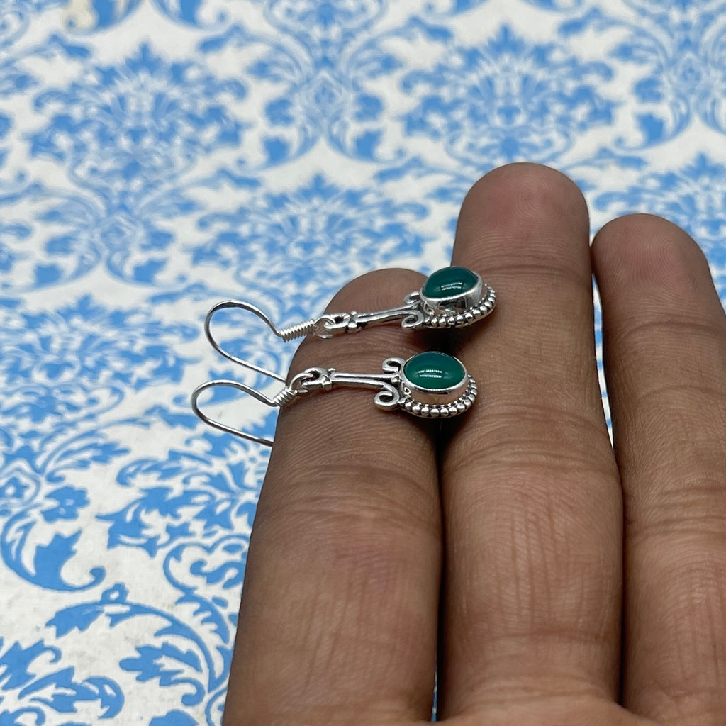 925 Sterling Silver Green Onyx  Dangle Earrings Handmade Round Shape Gemstone