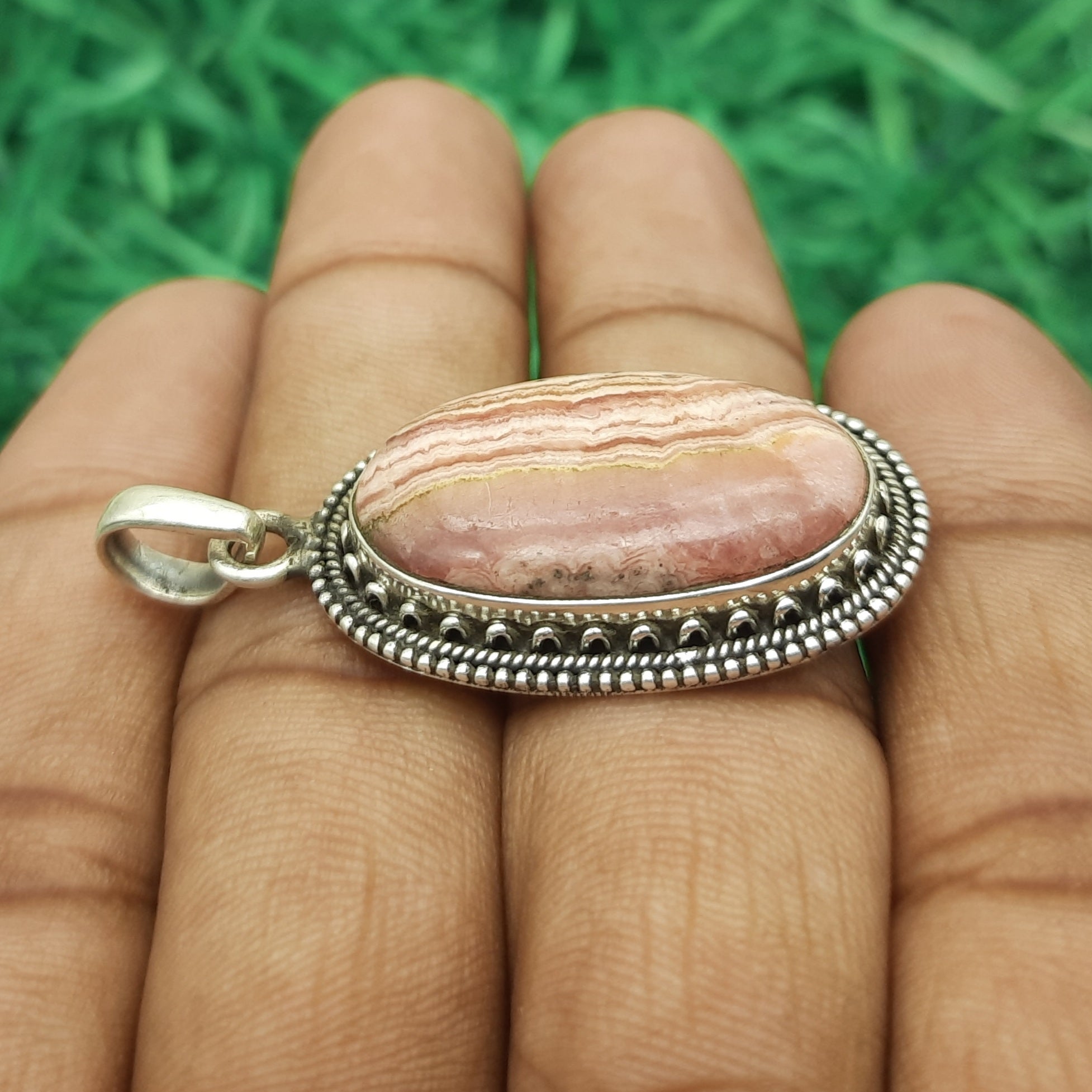 Rhodochrosite Pendant in 925 Sterling Silver – Natural Pink Gemstone Handmade Elegant Jewelry