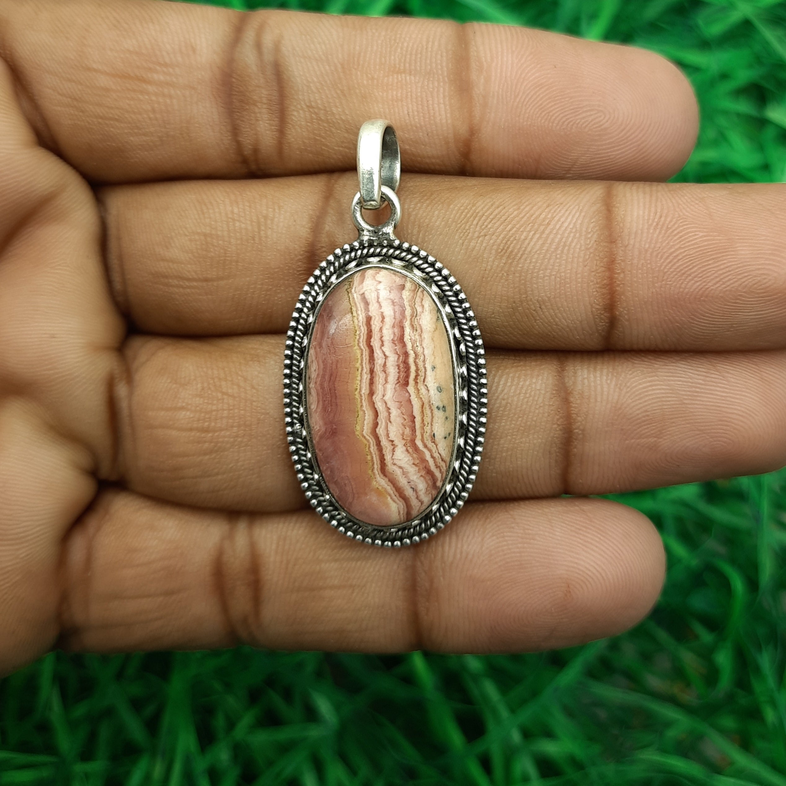 Rhodochrosite Pendant in 925 Sterling Silver – Natural Pink Gemstone Handmade Elegant Jewelry