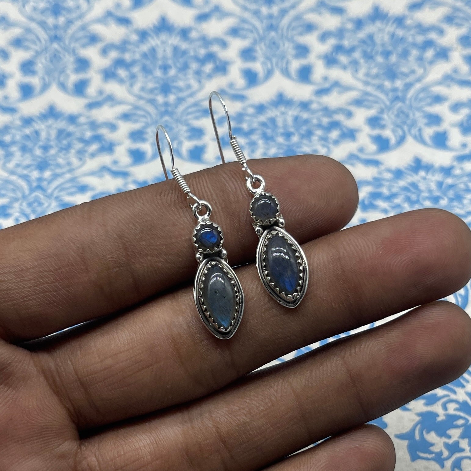 Natural Labradorite Dangle Earrings with Handmade Silver Work