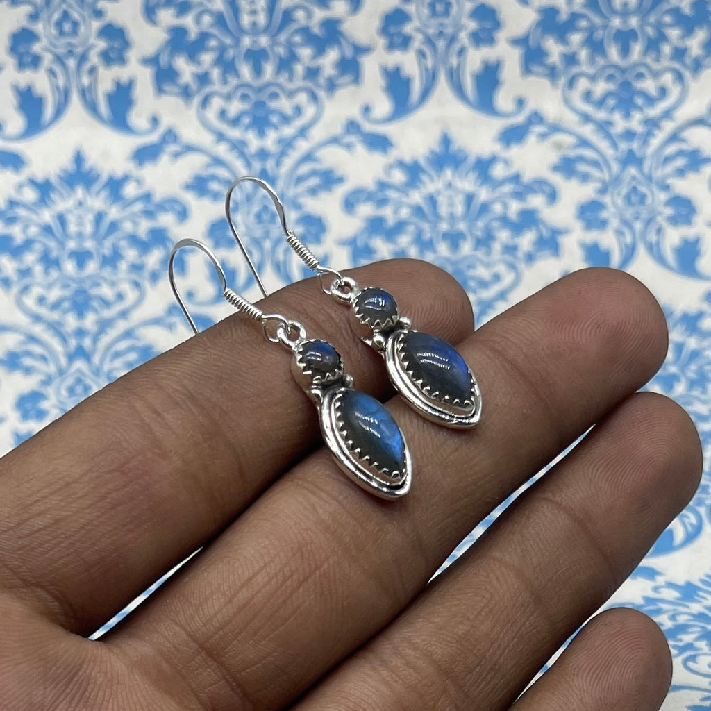 Natural Labradorite Dangle Earrings with Handmade Silver Work