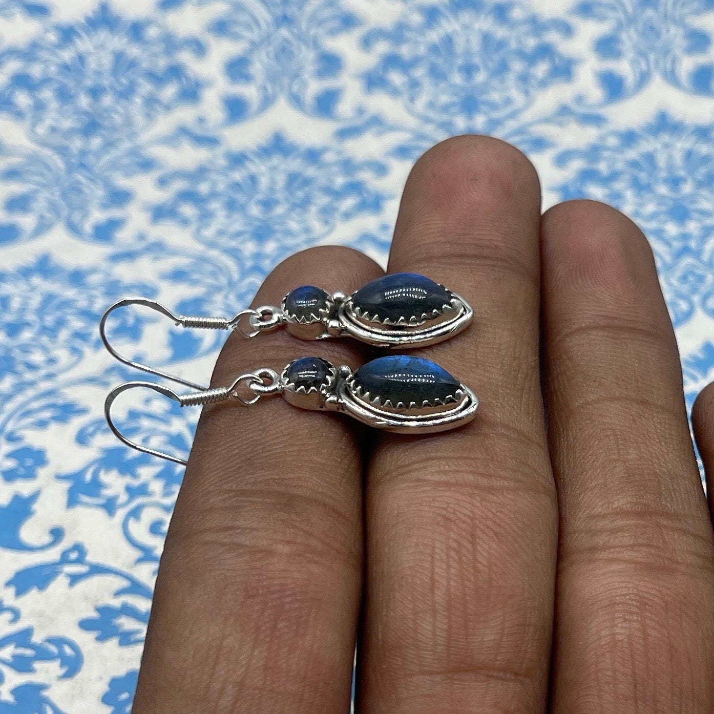 Natural Labradorite Dangle Earrings with Handmade Silver Work