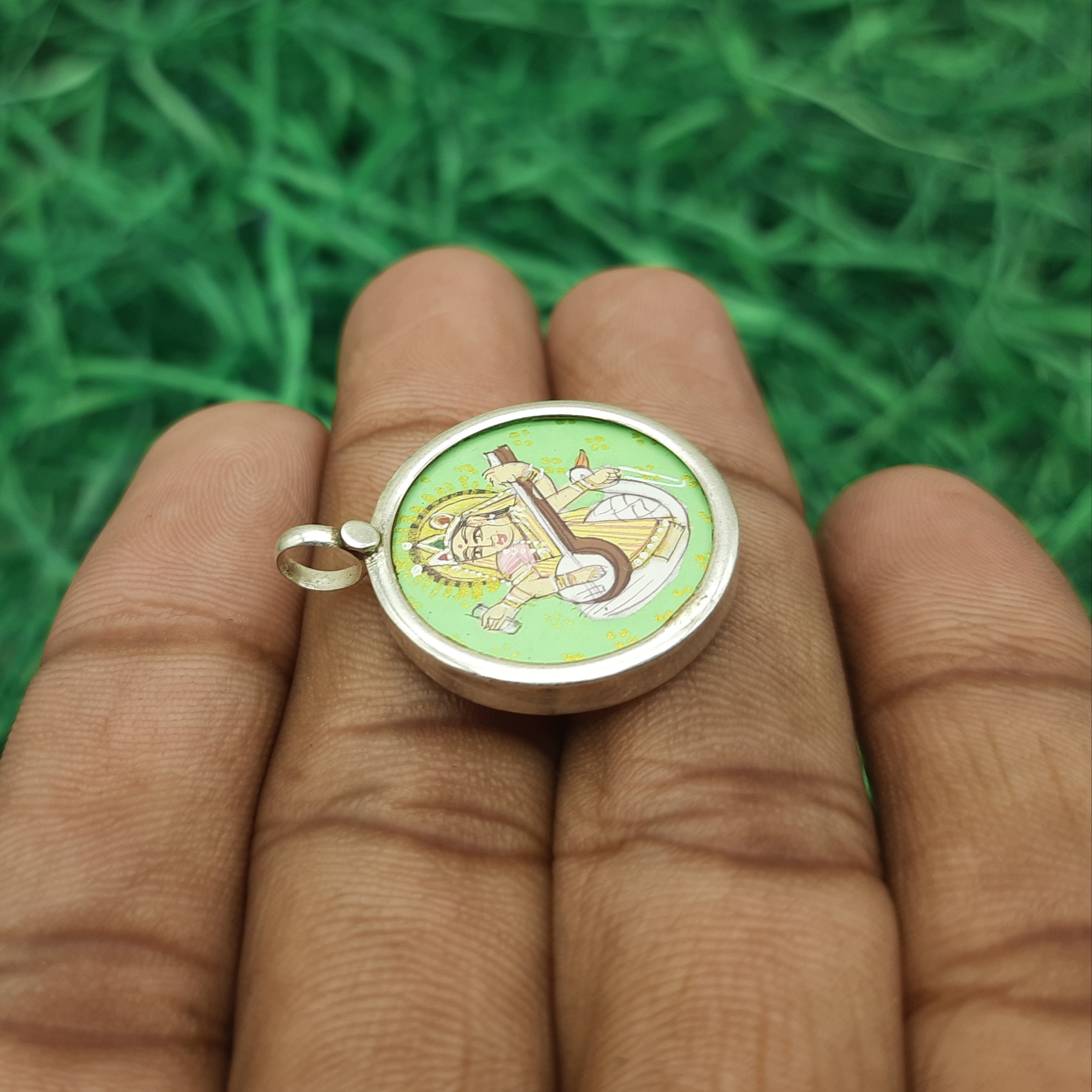 Goddess Saraswati Hand-Painted Pendant in 925 Sterling Silver – Wisdom & Art Jewelry
