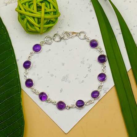 Handmade 925 Silver Amethyst Round Cabochon Bracelet