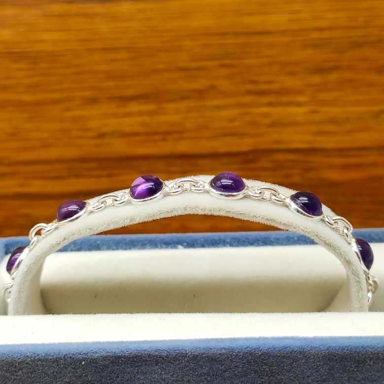 Handmade 925 Silver Amethyst Round Cabochon Bracelet