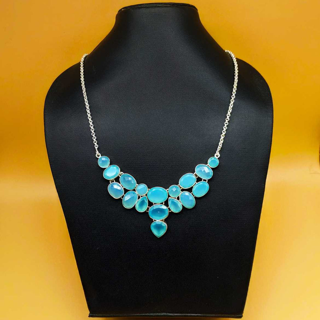 Aqua Chalcedony 925 Silver Boho Necklace Handmade Gift
