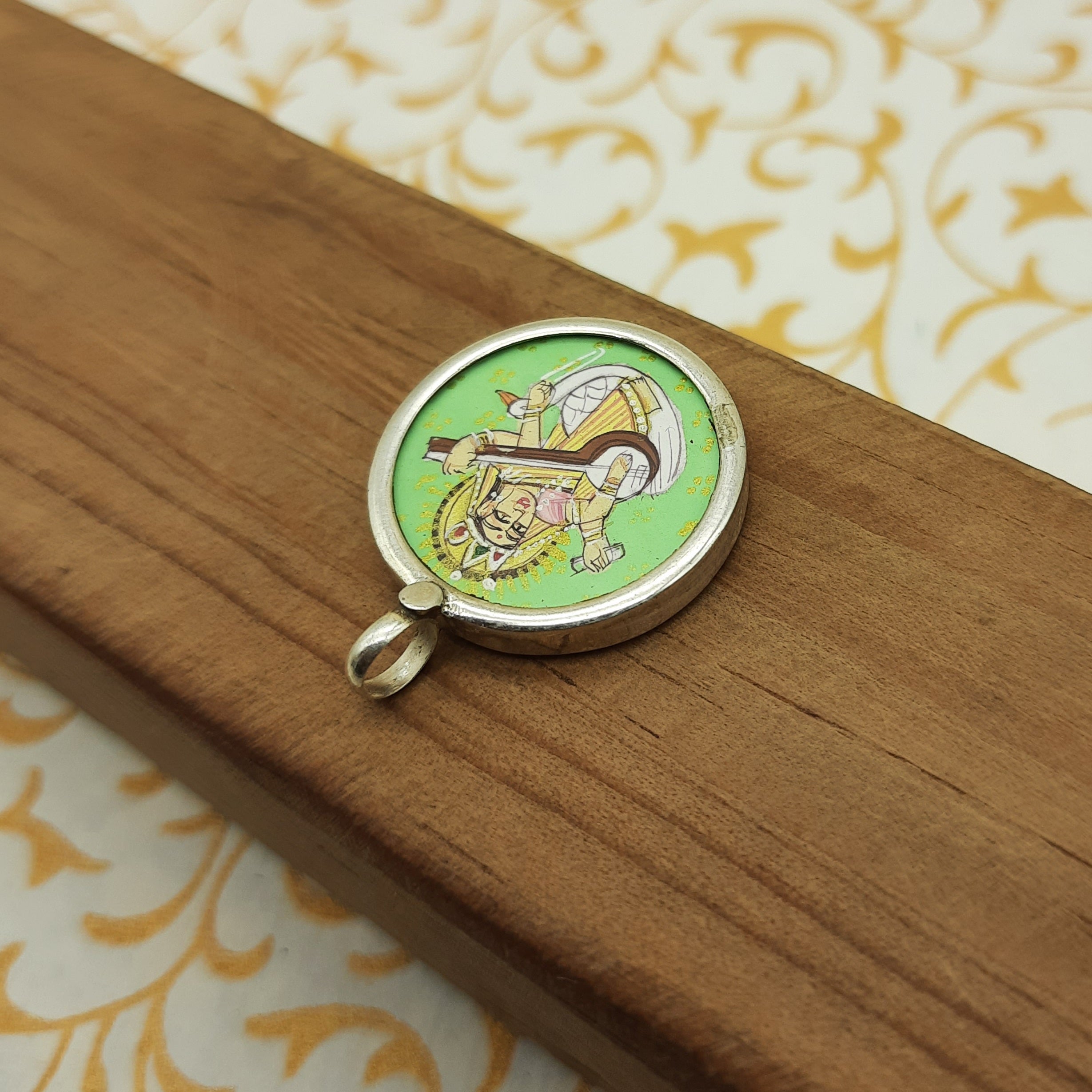 Goddess Saraswati Hand-Painted Pendant in 925 Sterling Silver – Wisdom & Art Jewelry