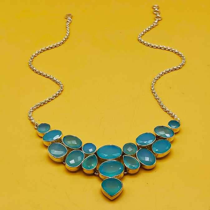 Aqua Chalcedony 925 Silver Boho Necklace Handmade Gift