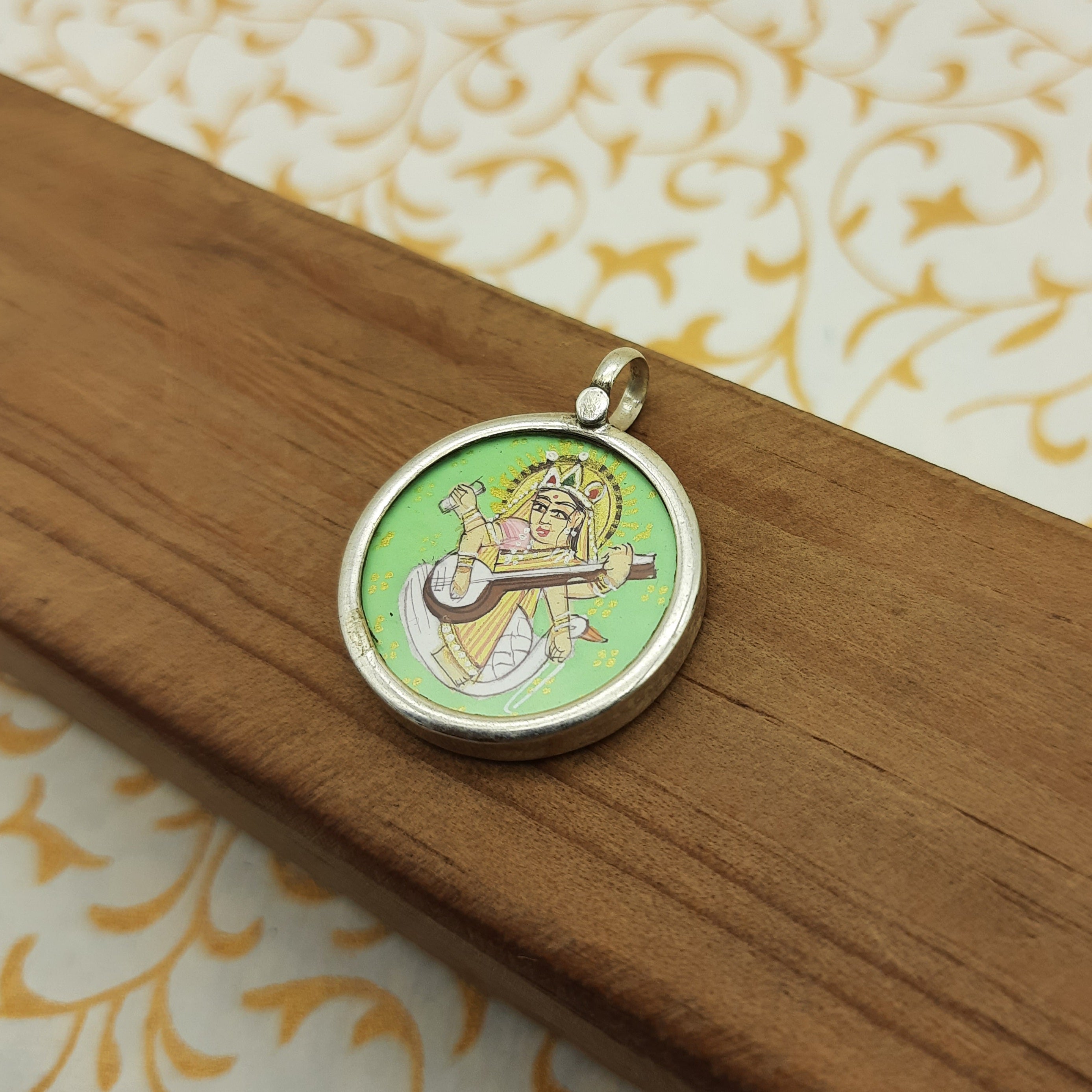 Goddess Saraswati Hand-Painted Pendant in 925 Sterling Silver – Wisdom & Art Jewelry