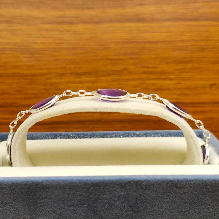 Sterling Silver Natural Amethyst Oval Bezel Bracelet