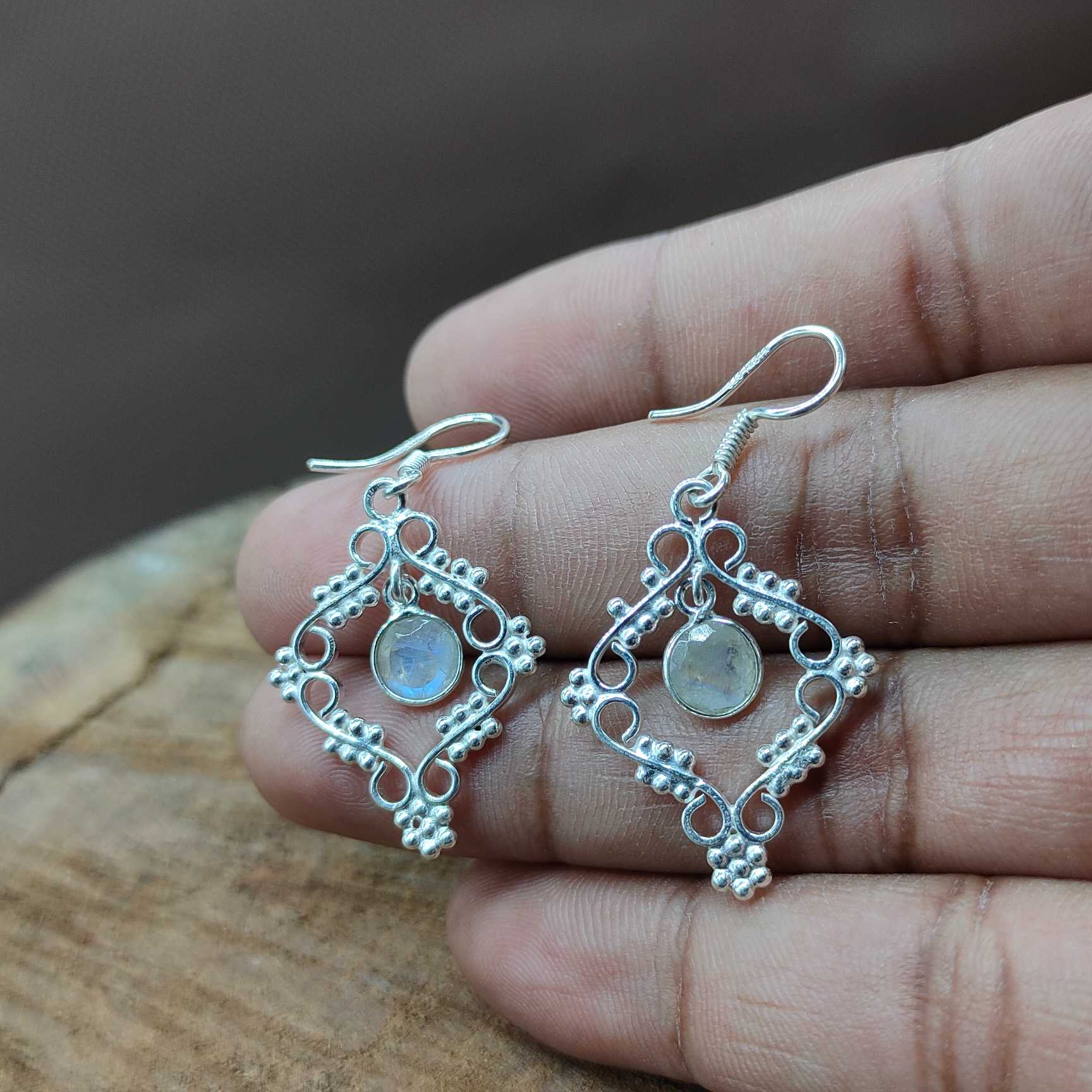 Rainbow Moonstone Dangle Earring in 925 Silver