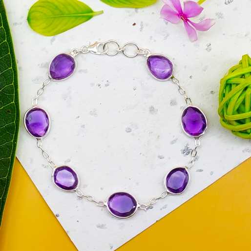 Sterling Silver Natural Amethyst Oval Bezel Bracelet