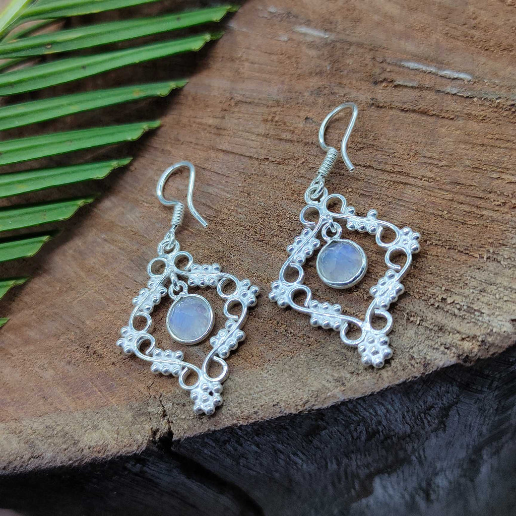 Rainbow Moonstone Dangle Earring in 925 Silver
