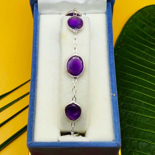 Sterling Silver Natural Amethyst Oval Bezel Bracelet