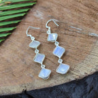 925 Sterling Silver Rainbow Moonstone Square Drop Earrings