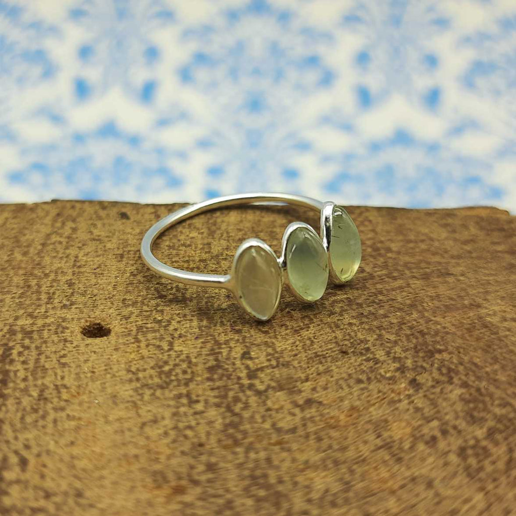 Marquise Prehnite Triple Stone Bezel Thin 925 Silver Ring Gift For Girls