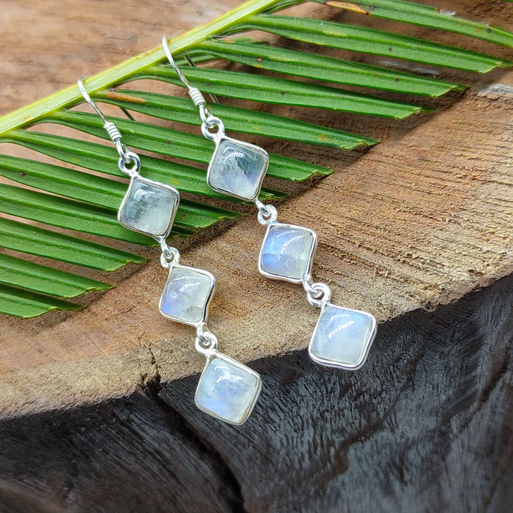 925 Sterling Silver Rainbow Moonstone Square Drop Earrings