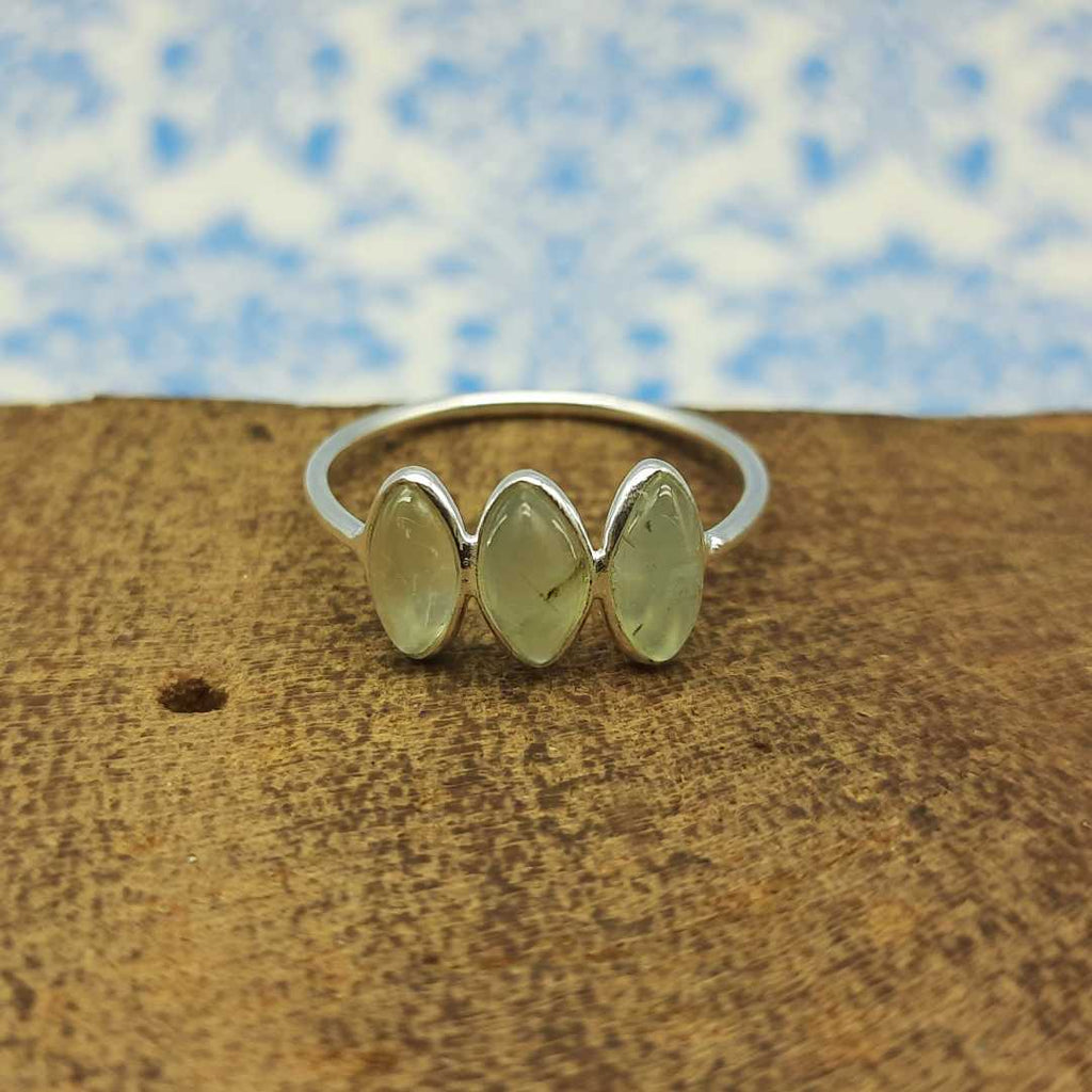 Marquise Prehnite Triple Stone Bezel Thin 925 Silver Ring Gift For Girls
