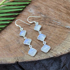 925 Sterling Silver Rainbow Moonstone Square Drop Earrings