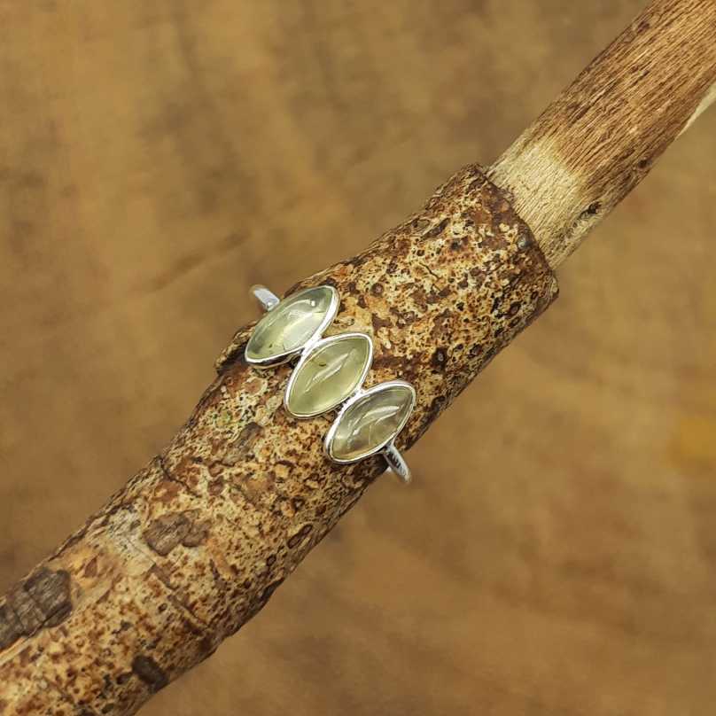 Marquise Prehnite Triple Stone Bezel Thin 925 Silver Ring Gift For Girls