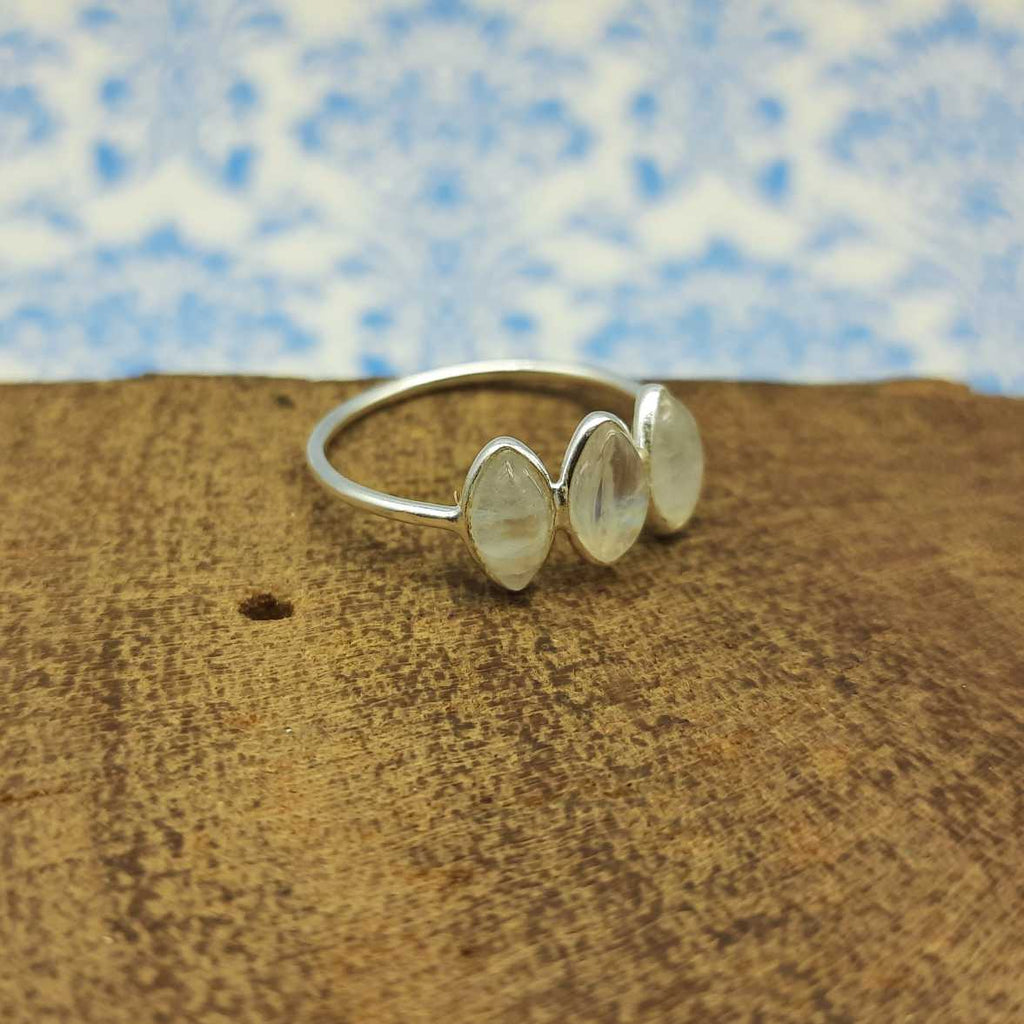 Minimal Triple Stone Rainbow Moonstone 925 Silver Ring Gift