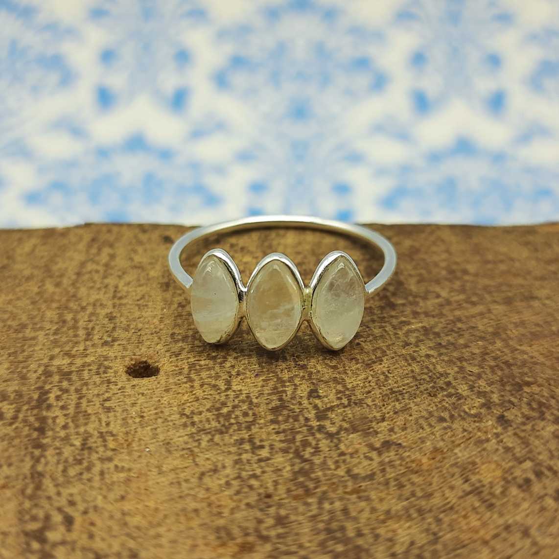 Minimal Triple Stone Rainbow Moonstone 925 Silver Ring Gift
