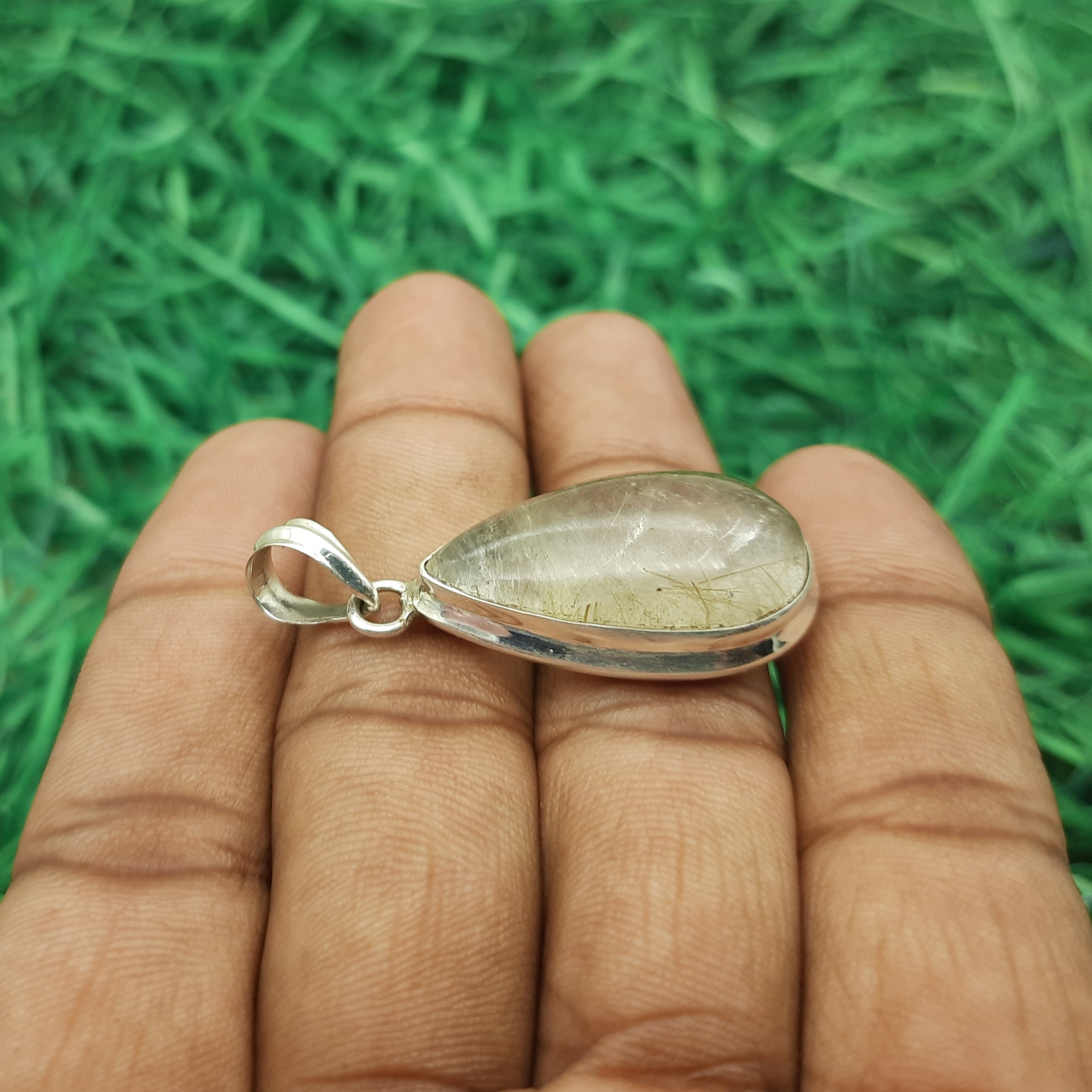 Rutilated Quartz Pendant in 925 Sterling Silver – Natural Golden Rutile Gemstone Statement Jewelry