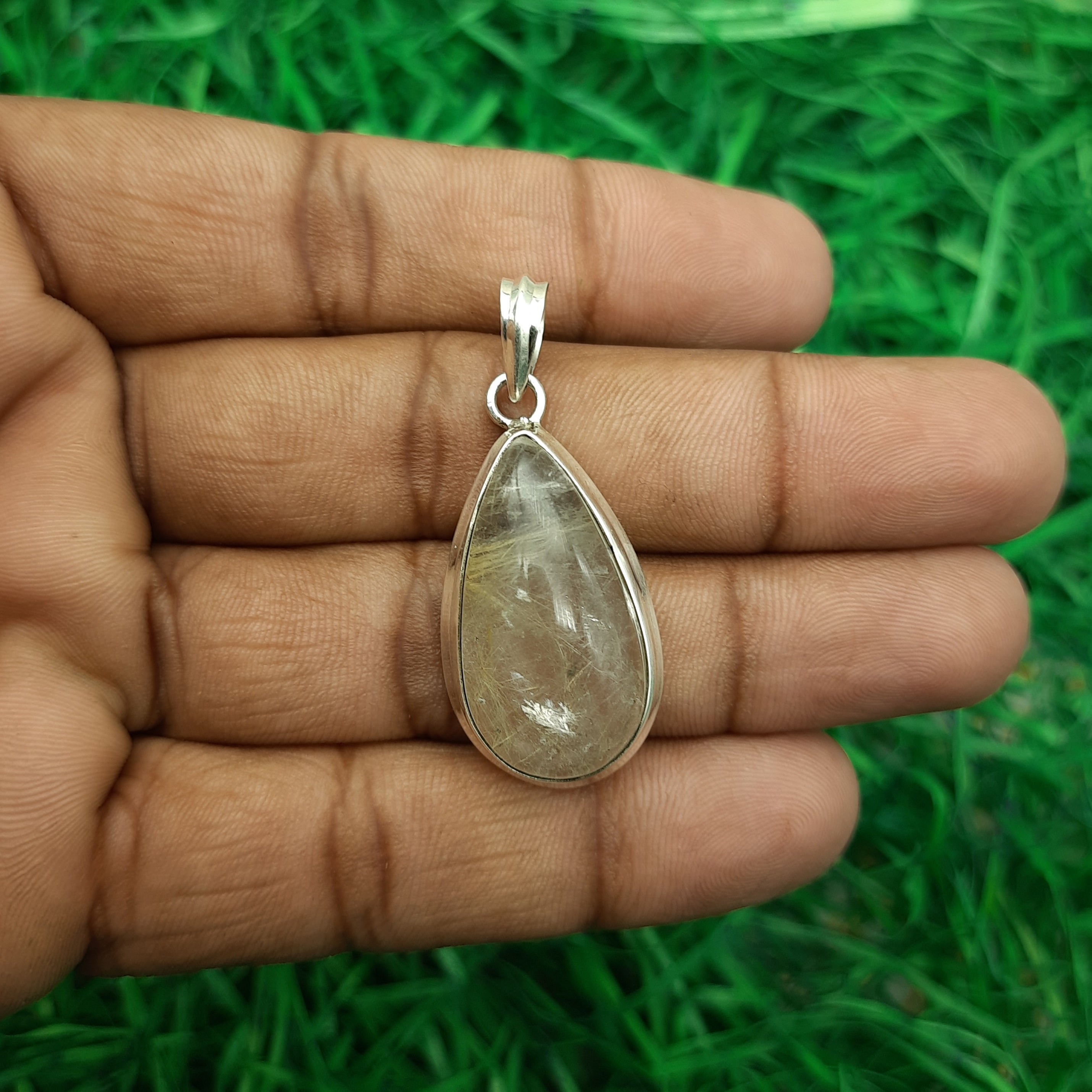 Rutilated Quartz Pendant in 925 Sterling Silver – Natural Golden Rutile Gemstone Statement Jewelry