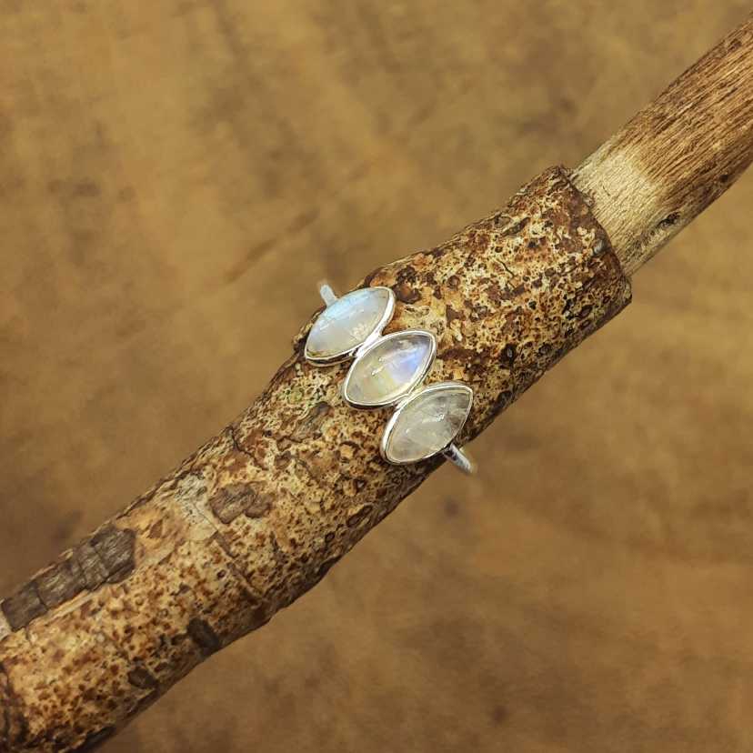 Minimal Triple Stone Rainbow Moonstone 925 Silver Ring Gift