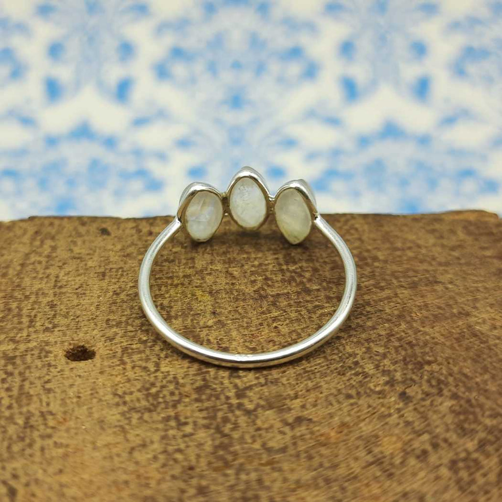 Minimal Triple Stone Rainbow Moonstone 925 Silver Ring Gift
